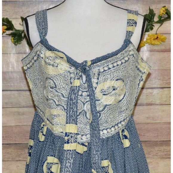 Hand Made Blue & Beige Nautical Coastal Sundress Size L Embroidered Bird Pattern - Picture 2 of 14